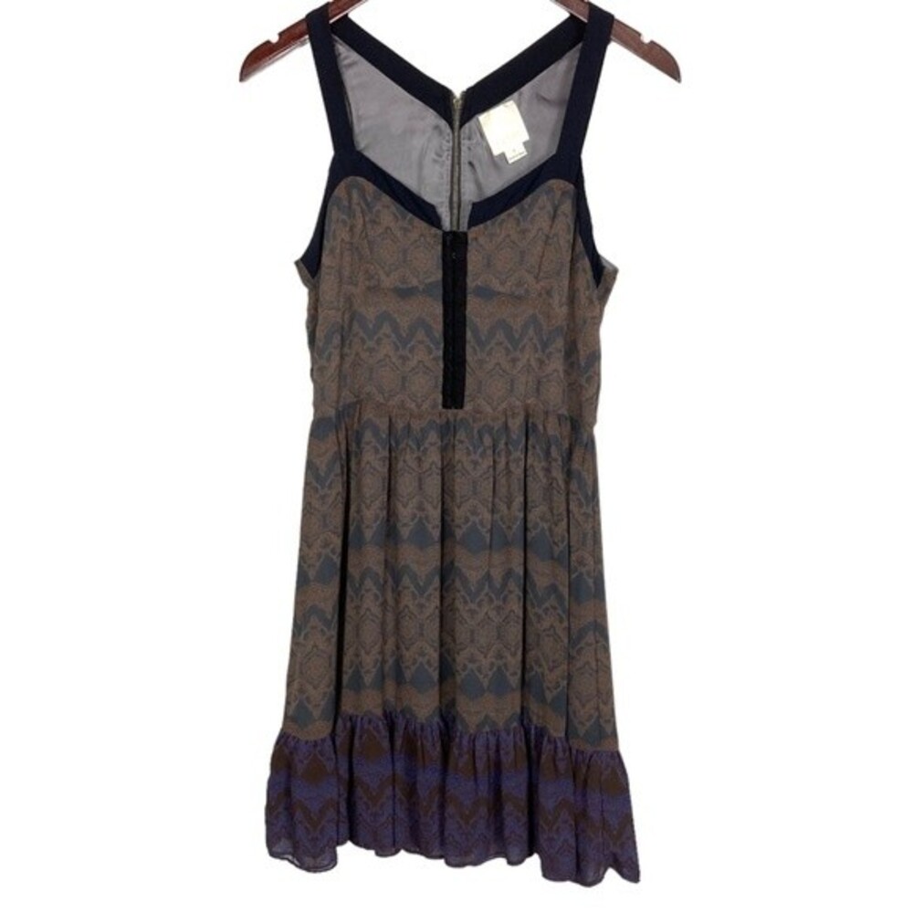 Line & Dot Patterned Silk Dress w/ Brown, Purple and Black Design-Size Small